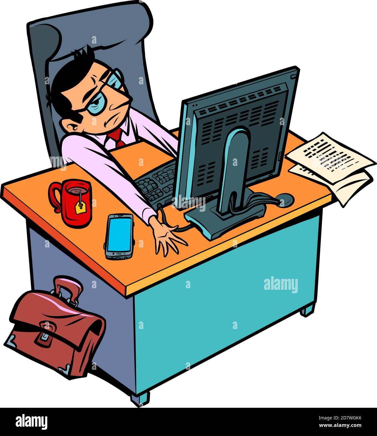 sleepy tired male businessman works at an office workplace at a computer Stock Vector