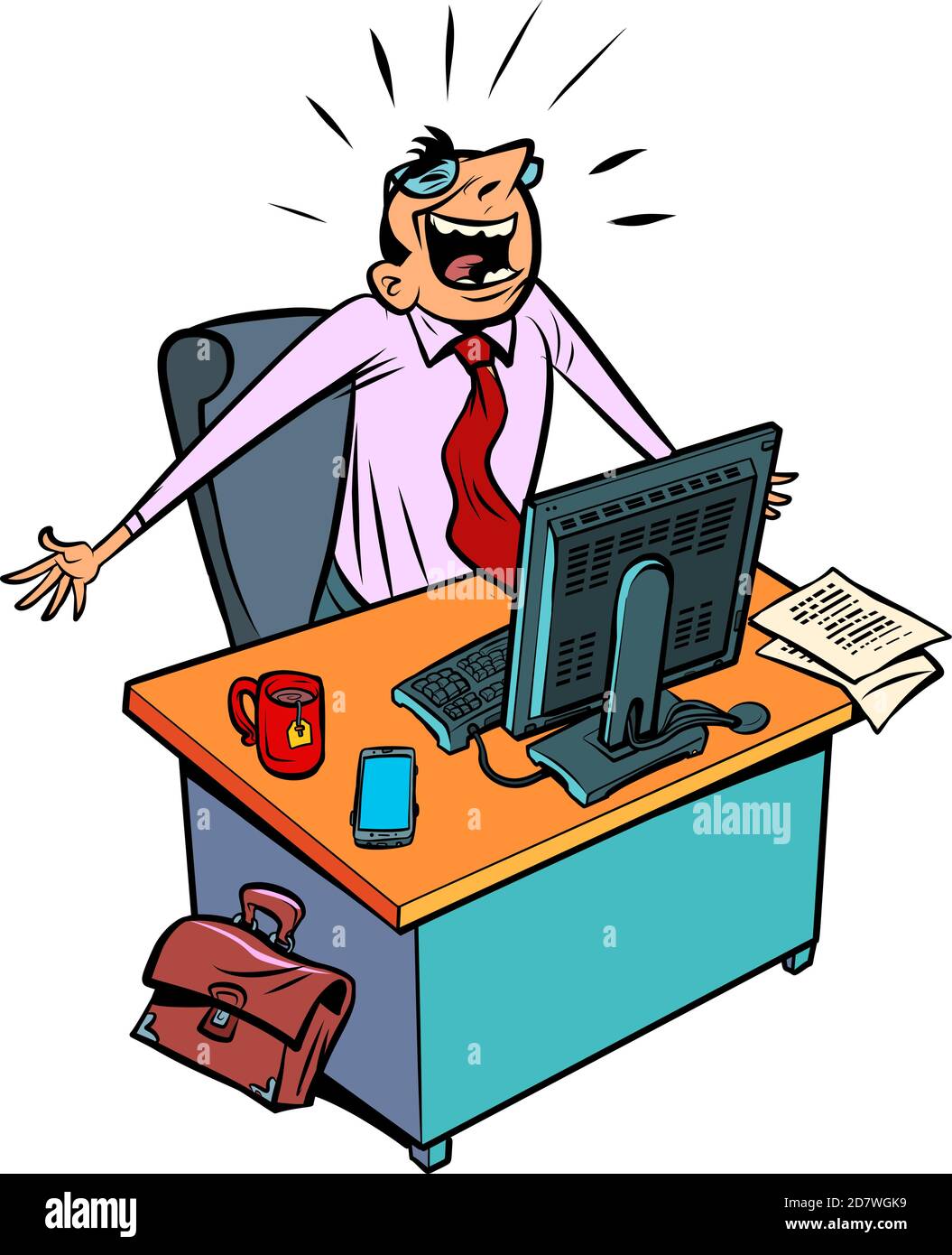 happy male businessman works at an office workplace at a computer Stock Vector
