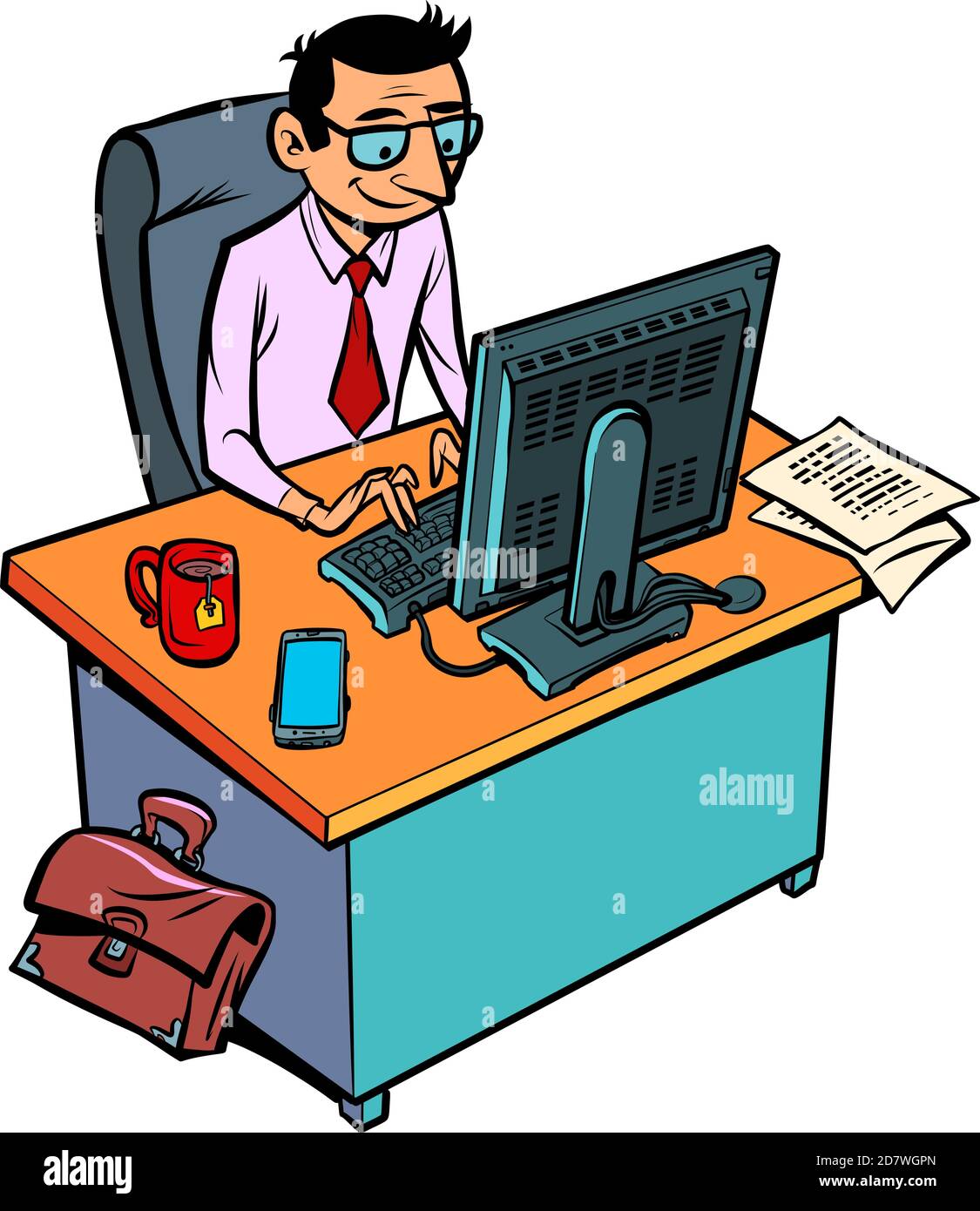 A male businessman works at an office workplace at a computer Stock Vector