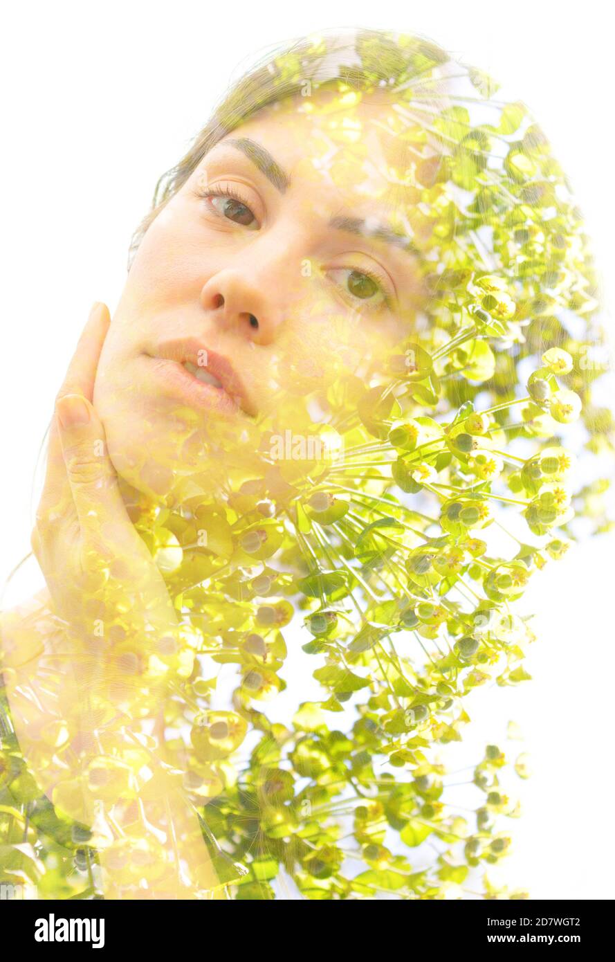 Young woman double exposure portrait with leaves Stock Photo - Alamy