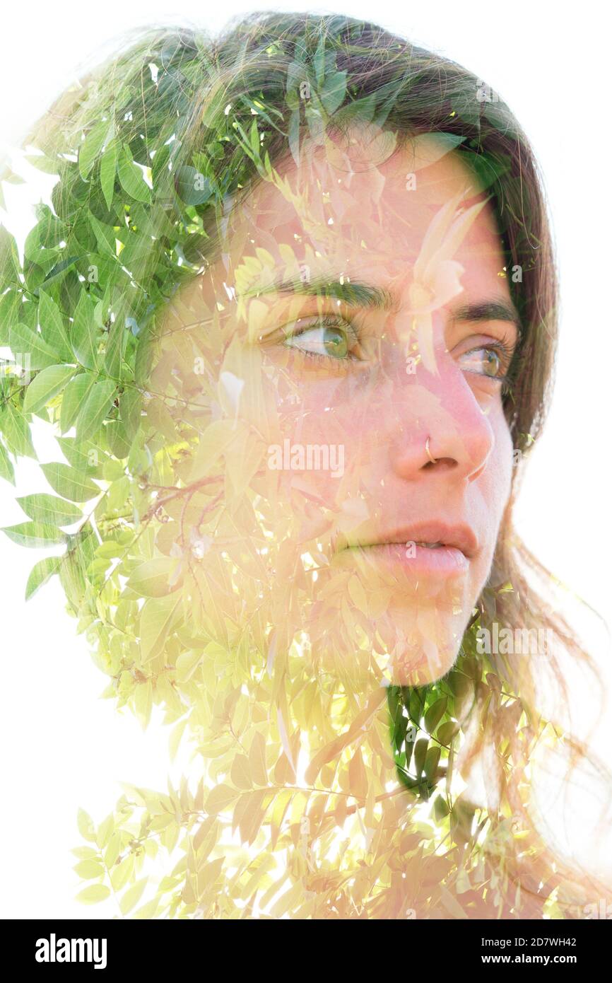 Young woman double exposure portrait with leaves Stock Photo - Alamy
