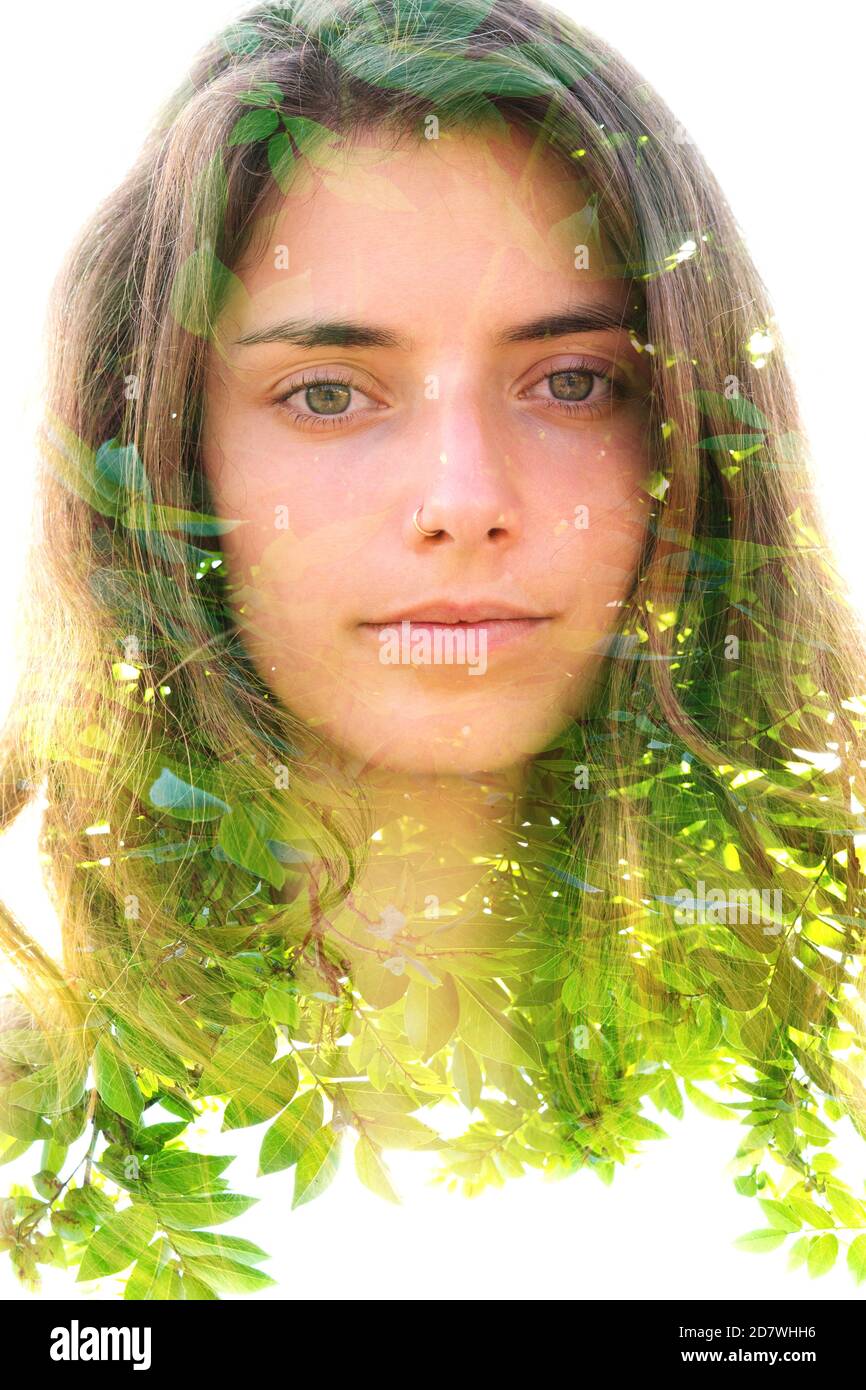 Young woman double exposure portrait with leaves Stock Photo - Alamy