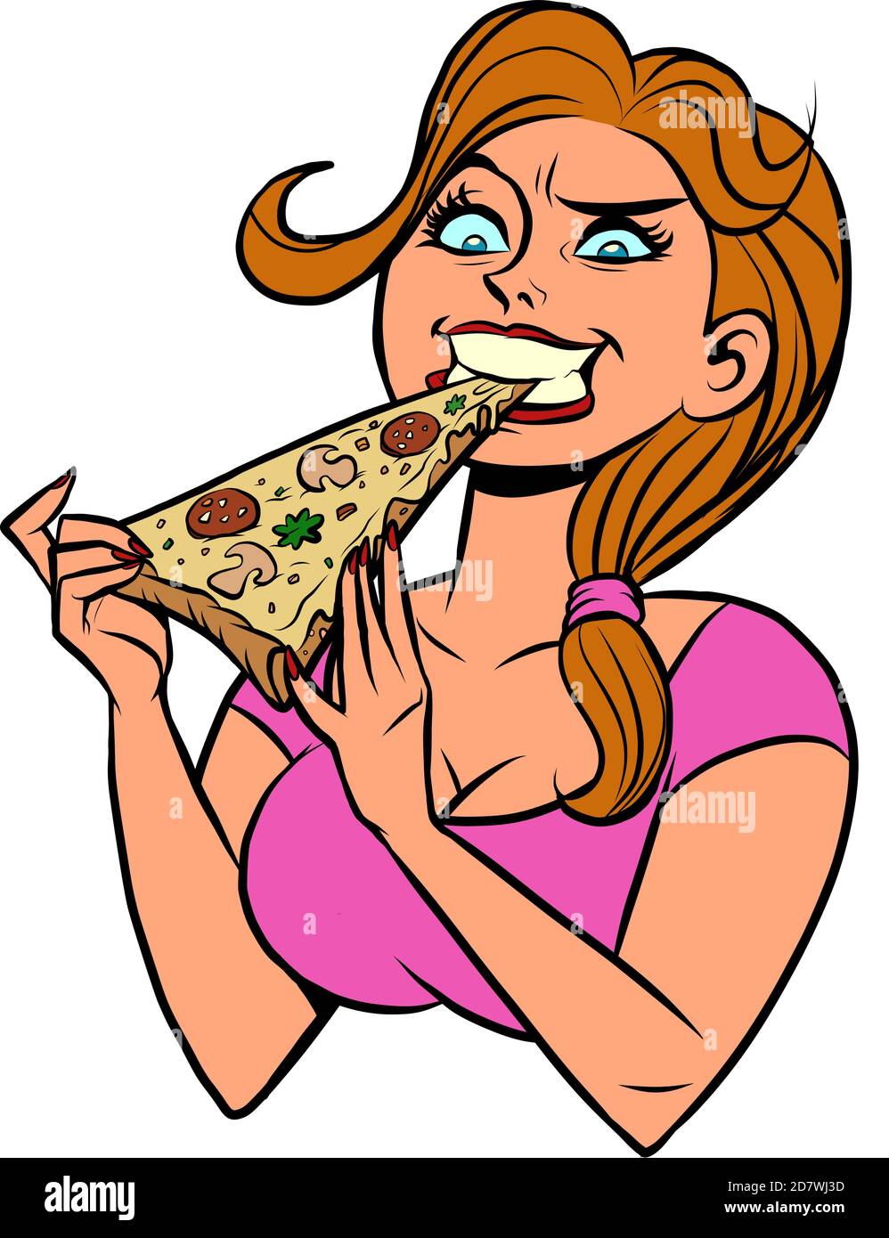 Funny hungry girl eating pizza Stock Vector