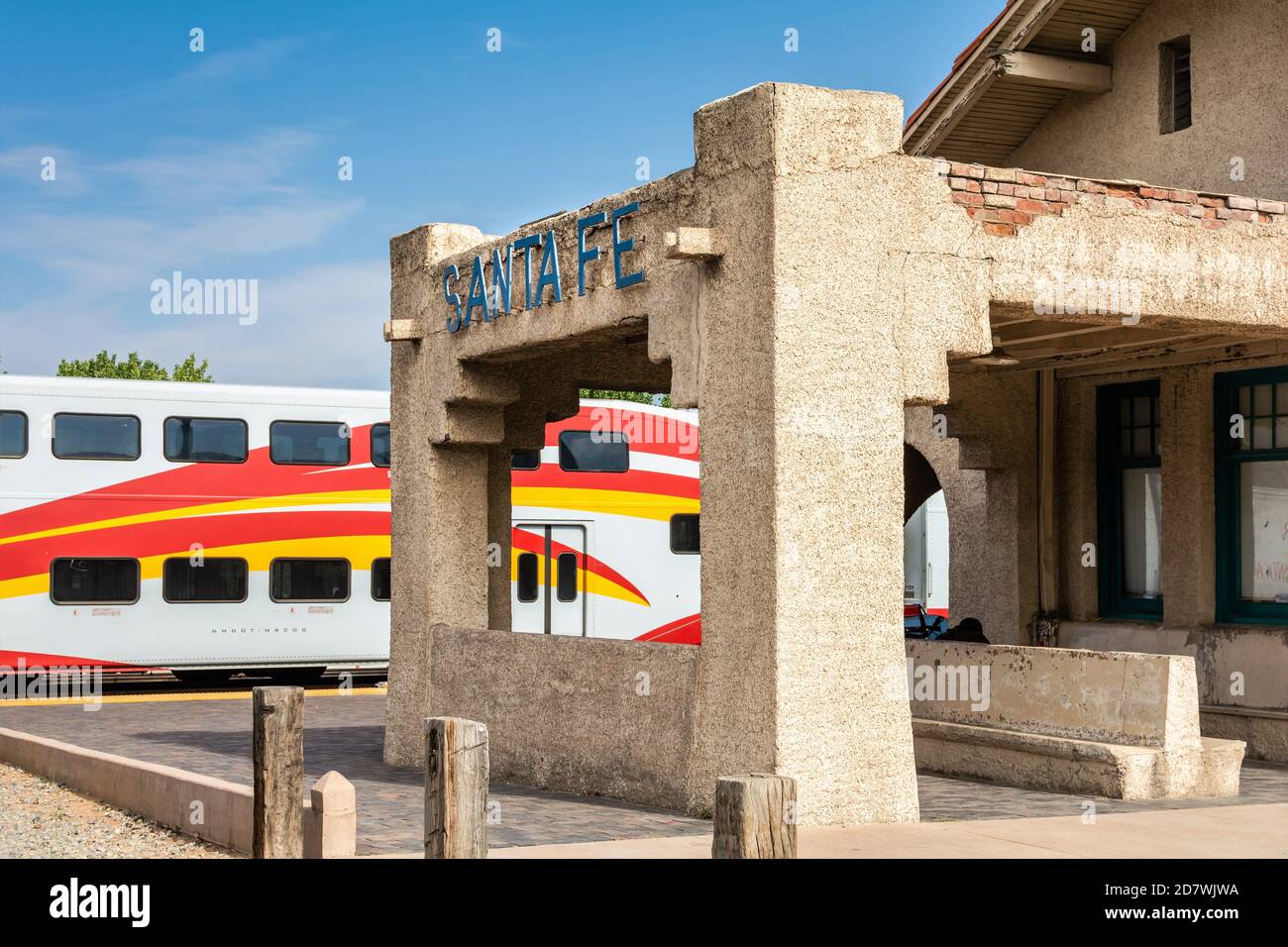 Santa Fe Depot, now used for the Rail Runner Express commuter train, in the Santa Fe Railyard, New Mexico, USA. Stock Photo