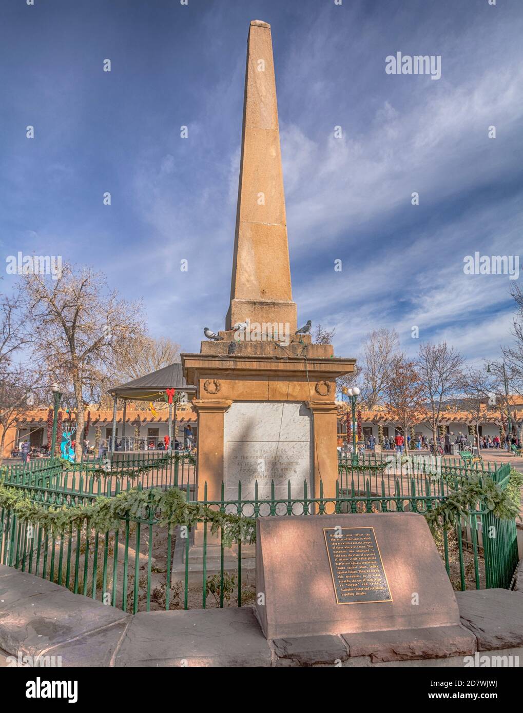 Santa Fe Plaza obelisk, the Soldiers' Monument honoring men who fought in the Indian Wars was torn down as a racist symbol in October 2020, NM, USA. Stock Photo