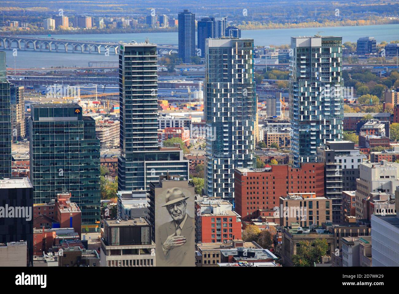 Canada, Quebec, Montreal, skyline, apartment buildings, condominiums, Leonard Cohen image, Stock Photo