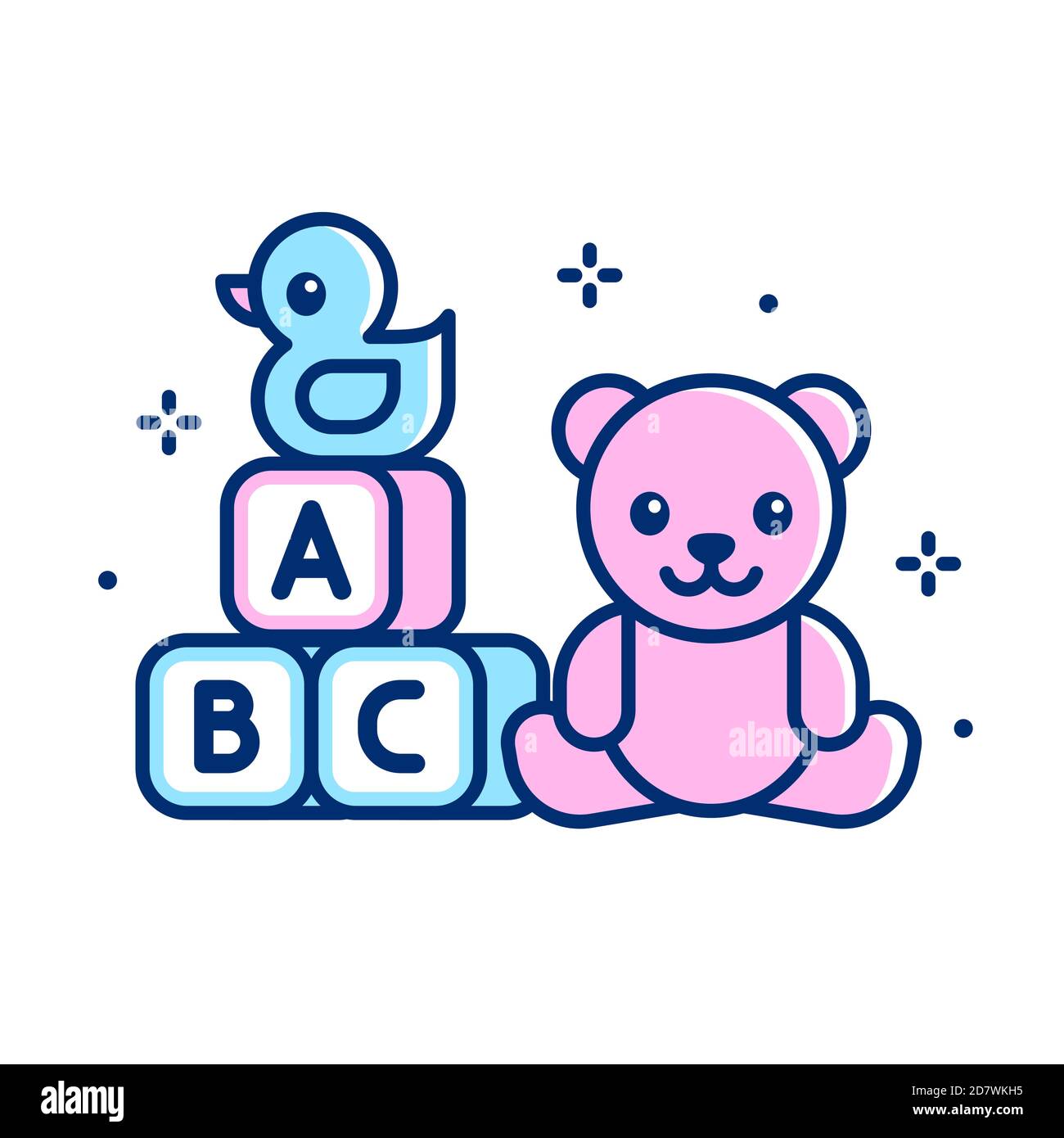 Children toys set, simple flat line icon. Teddy bear, rubber duck, toy blocks. Isolated vector clip art illustration. Stock Vector