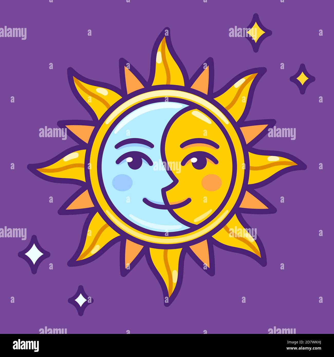 Cute cartoon half sun half moon face, simple drawing. Day and night, balance and unity symbol. Vector clip art illustration. Stock Vector