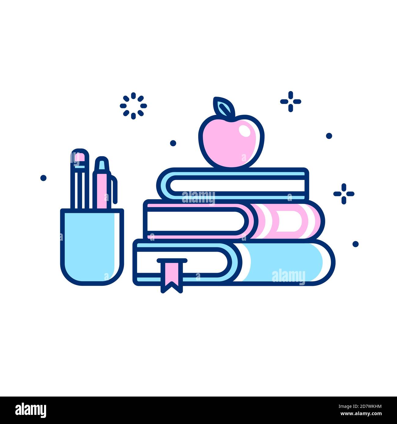 Cartoon school supplies illustration. Stack of books, apple and pens. Back to school symbol. Simple flat line icon. Stock Vector
