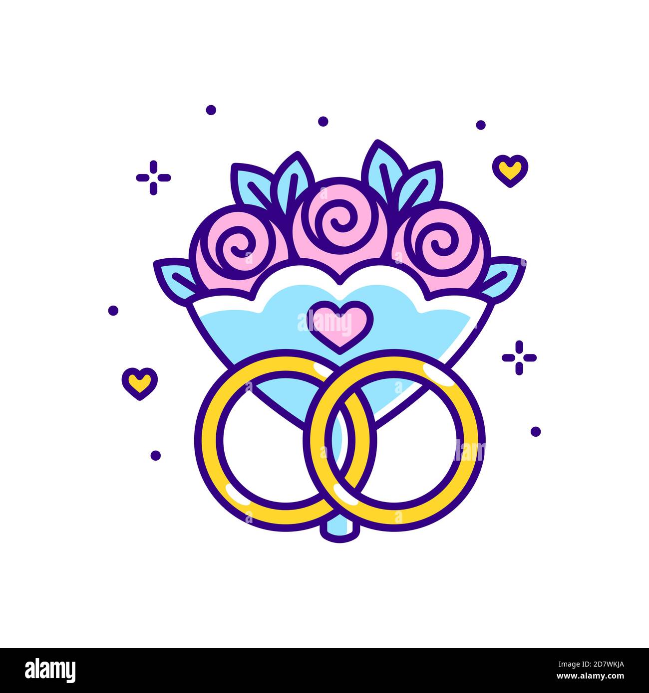 Cartoon wedding symbol, bouquet of roses and two rings. Simple flat line icon style. Isolated vector clip art illustration. Stock Vector