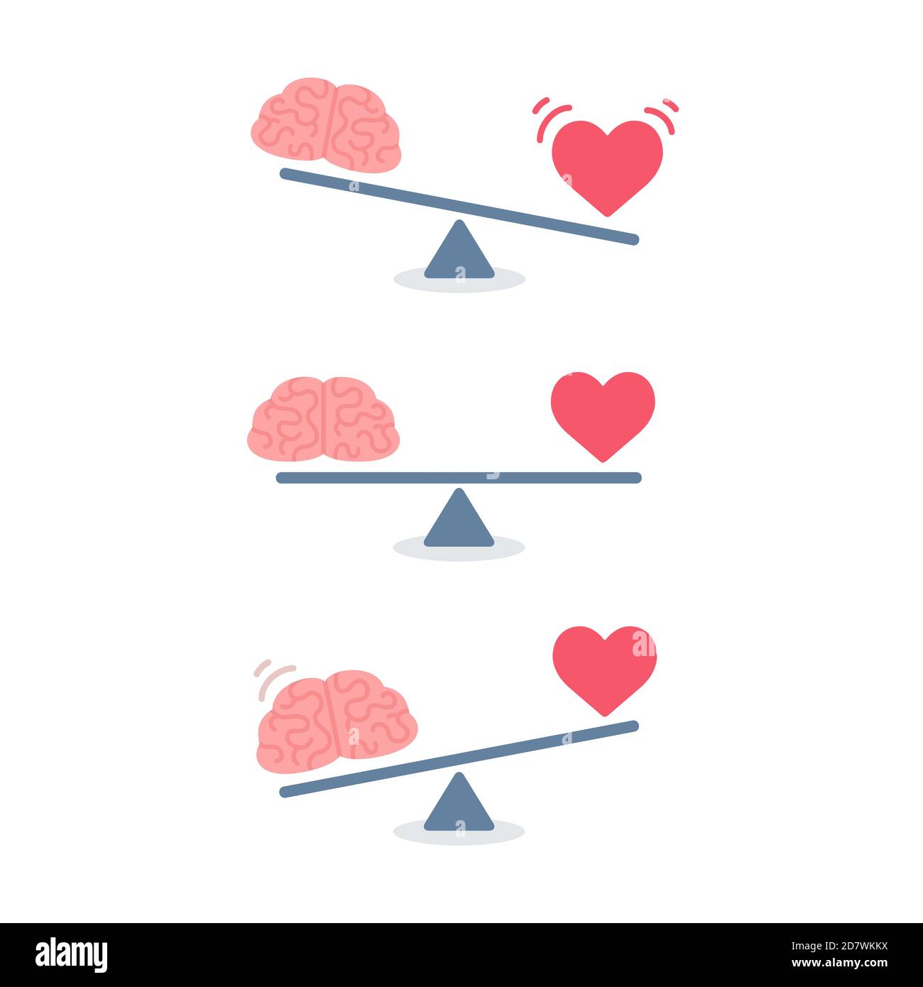 Balance between logic and emotion, cartoon brain and heart on a scale. Simple and modern flat vector style, isolated clip art illustration. Stock Vector