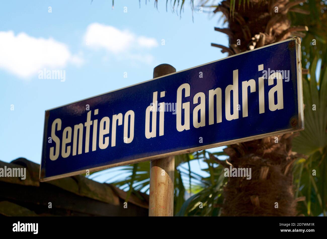Close up of the sentiero di Gandria (Pathway of Gandria) sign hanging on the walking trail. Gandria is a famous touristic village near Lugano in Switz Stock Photo