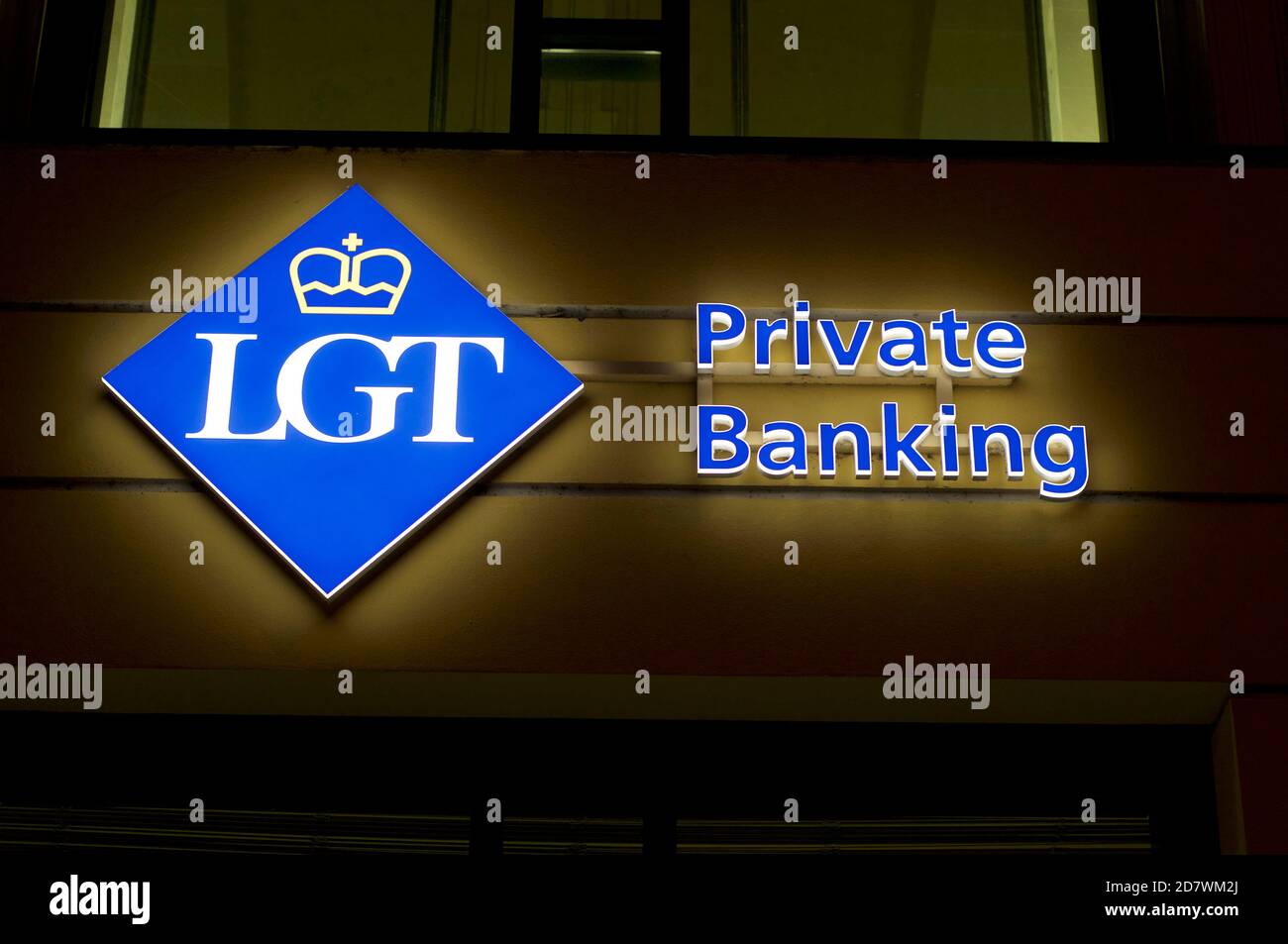 Lugano, Ticino, Switzerland - 14th October 2020 : Illuminated LGT Private Bank logo hanging in Lugano. LGT Group is the largest family-owned private b Stock Photo