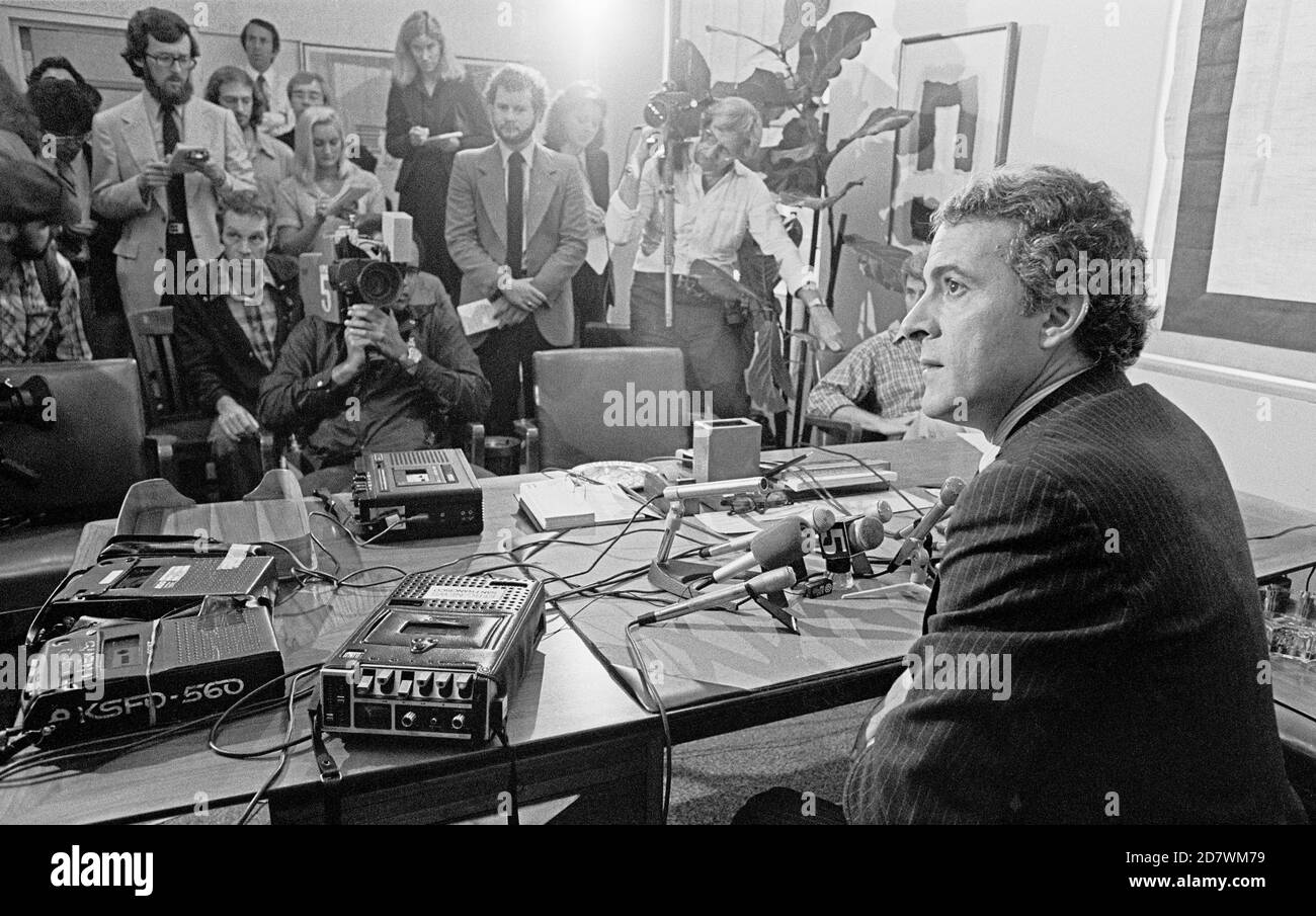 San Francisco, District Attorney from 1976-1979, Joseph Freitas Jr, holds a press conference. October, 1979 Stock Photo