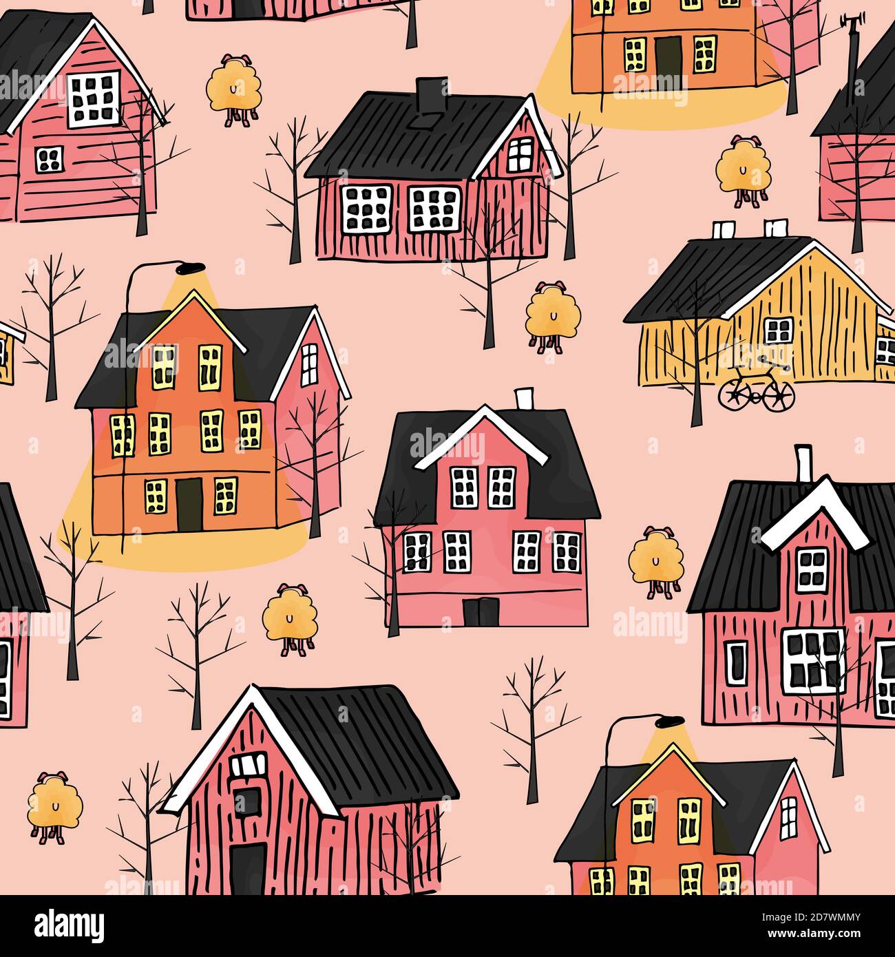 Yellow and pink scandinavian wooden houses with light on the street and trees without leaves seamless repeat pattern Stock Vector