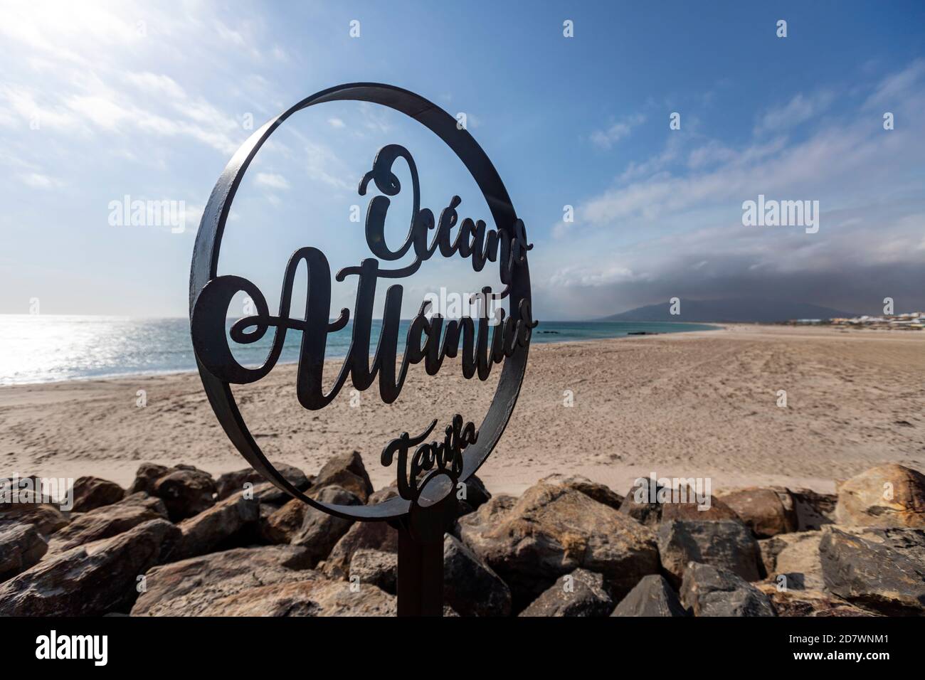 Oceano atlántico sign in Isla de las Palomas, Tarifa, province of Cádiz, Andalusia, Spain Stock Photo