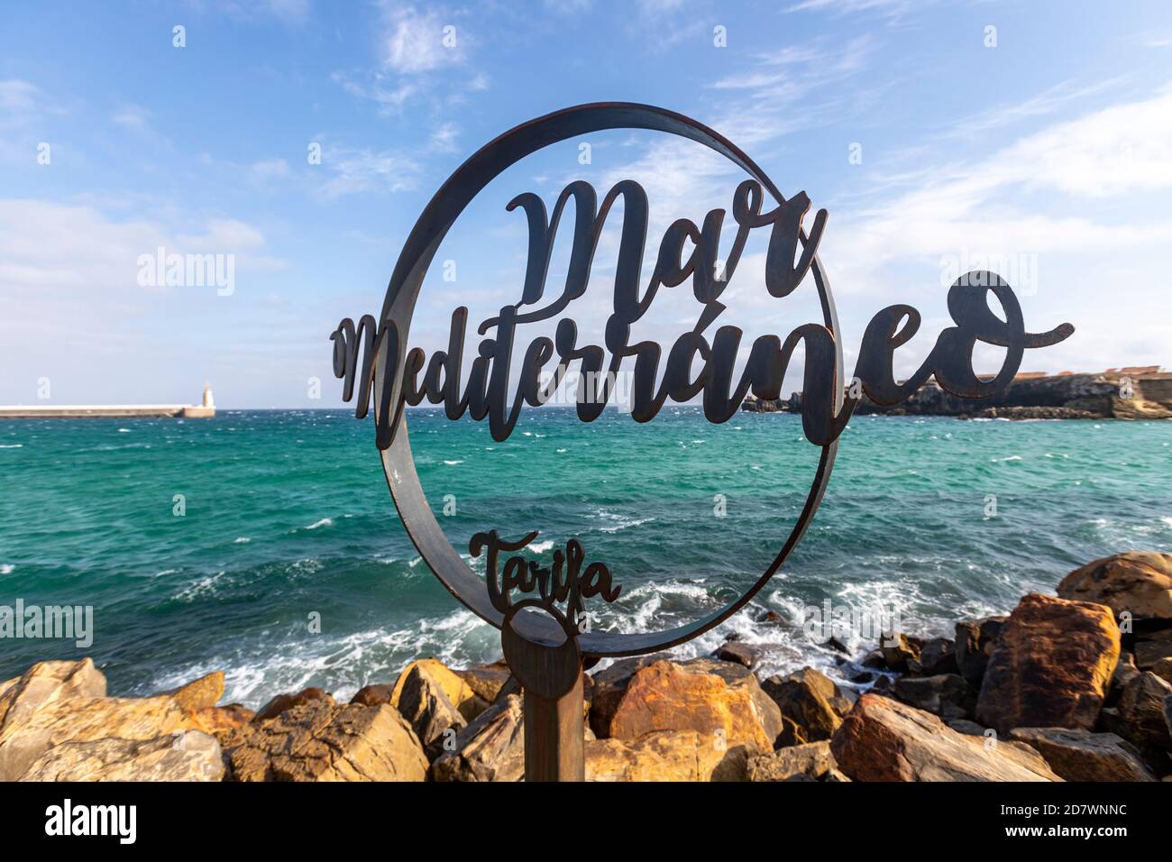 Mar Mediterráneo sign in Isla de las Palomas, Tarifa, province of Cádiz, Andalusia, Spain Stock Photo