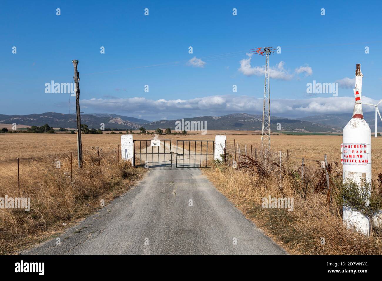 Farm with a sign of danger cattle in Province Cadiz, Andalusia, Spain Stock Photo