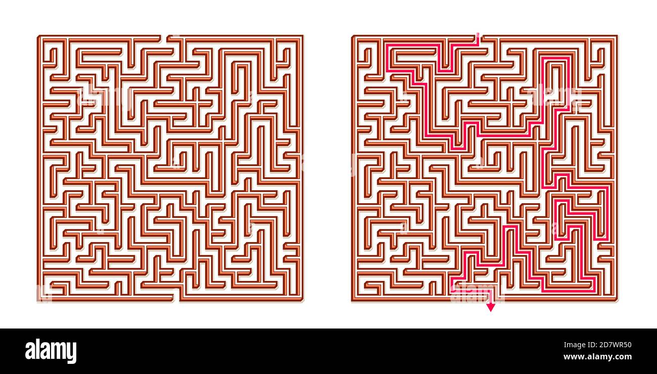 Vector 3D / Isometric Easy Square Maze - Labyrinth with Included Solution. Funny & Educational Mind Game for Coordination, Problems Solving, Decision Stock Vector