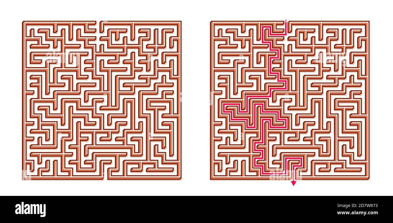 Vector 3D / Isometric Easy Square Maze - Labyrinth with Included Solution. Funny & Educational Mind Game for Coordination, Problems Solving, Decision Stock Vector
