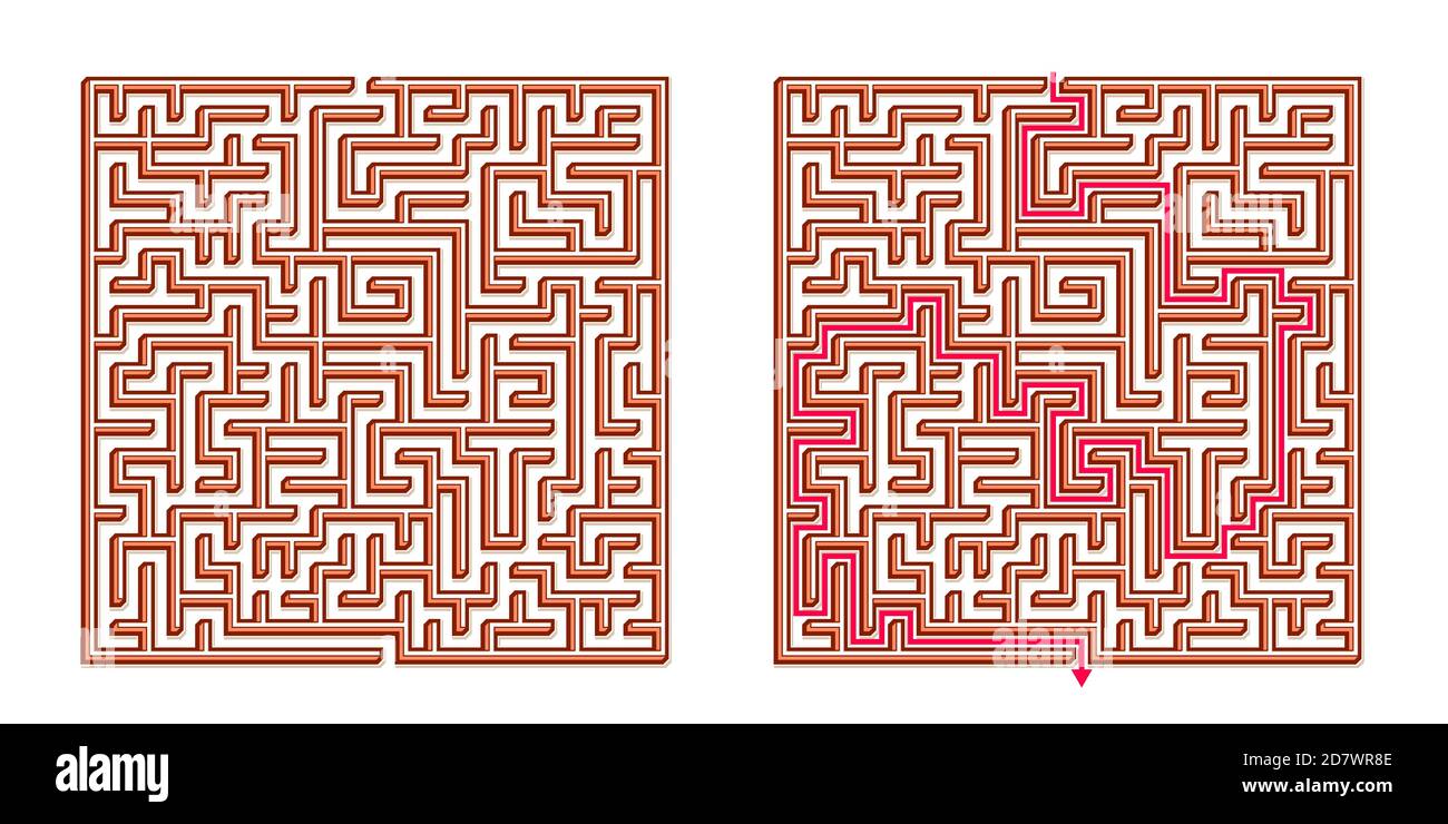 Vector 3D / Isometric Easy Square Maze - Labyrinth with Included Solution. Funny & Educational Mind Game for Coordination, Problems Solving, Decision Stock Vector