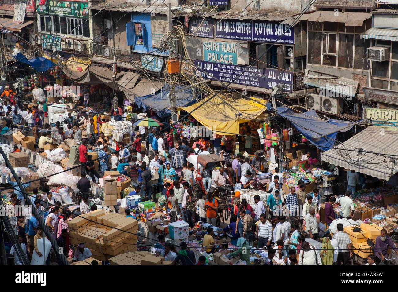 Congested street in Sadar Bazaar in the Old City of Delhi, India Stock Photo