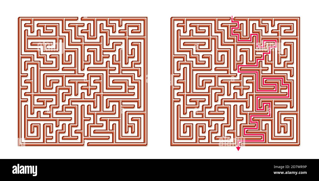 Vector 3D / Isometric Easy Square Maze - Labyrinth with Included Solution. Funny & Educational Mind Game for Coordination, Problems Solving, Decision Stock Vector
