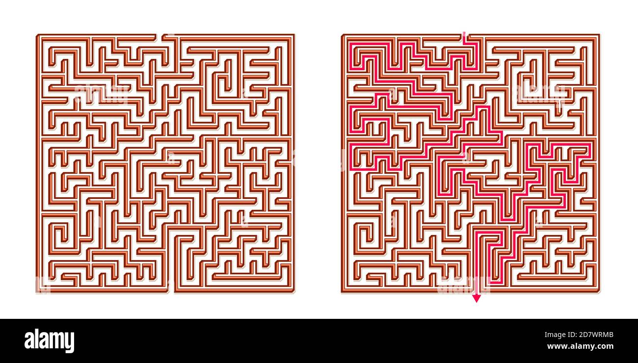 Vector 3D / Isometric Easy Square Maze - Labyrinth with Included Solution. Funny & Educational Mind Game for Coordination, Problems Solving, Decision Stock Vector