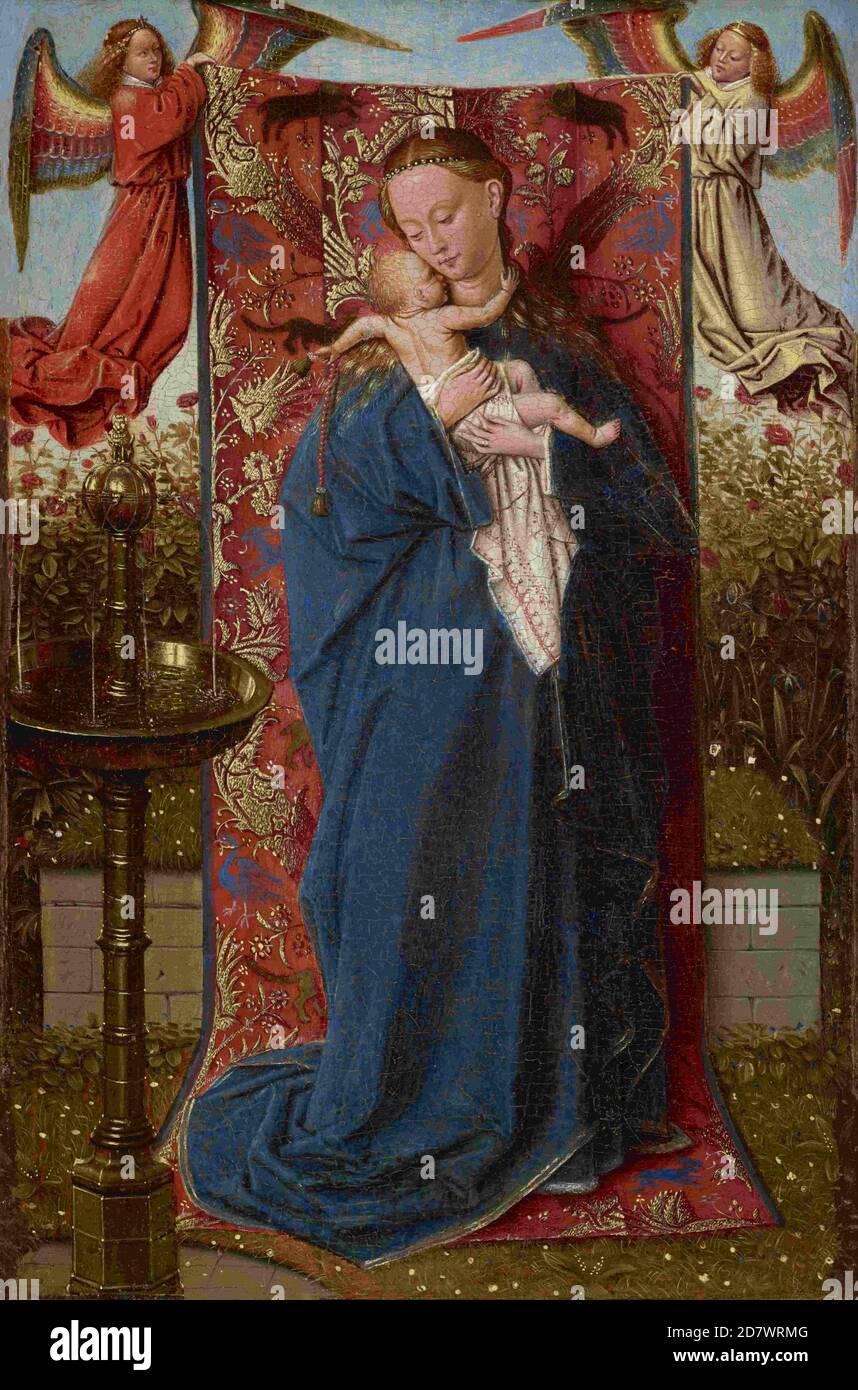 Title: Madonna at the Fountain Creator: Jan van Eyck Date: 1439 Medium: oil on panel Dimensions: 24.9 x 18.2 cm Location: Koninklijk Museum voor Schone Kunsten Stock Photo