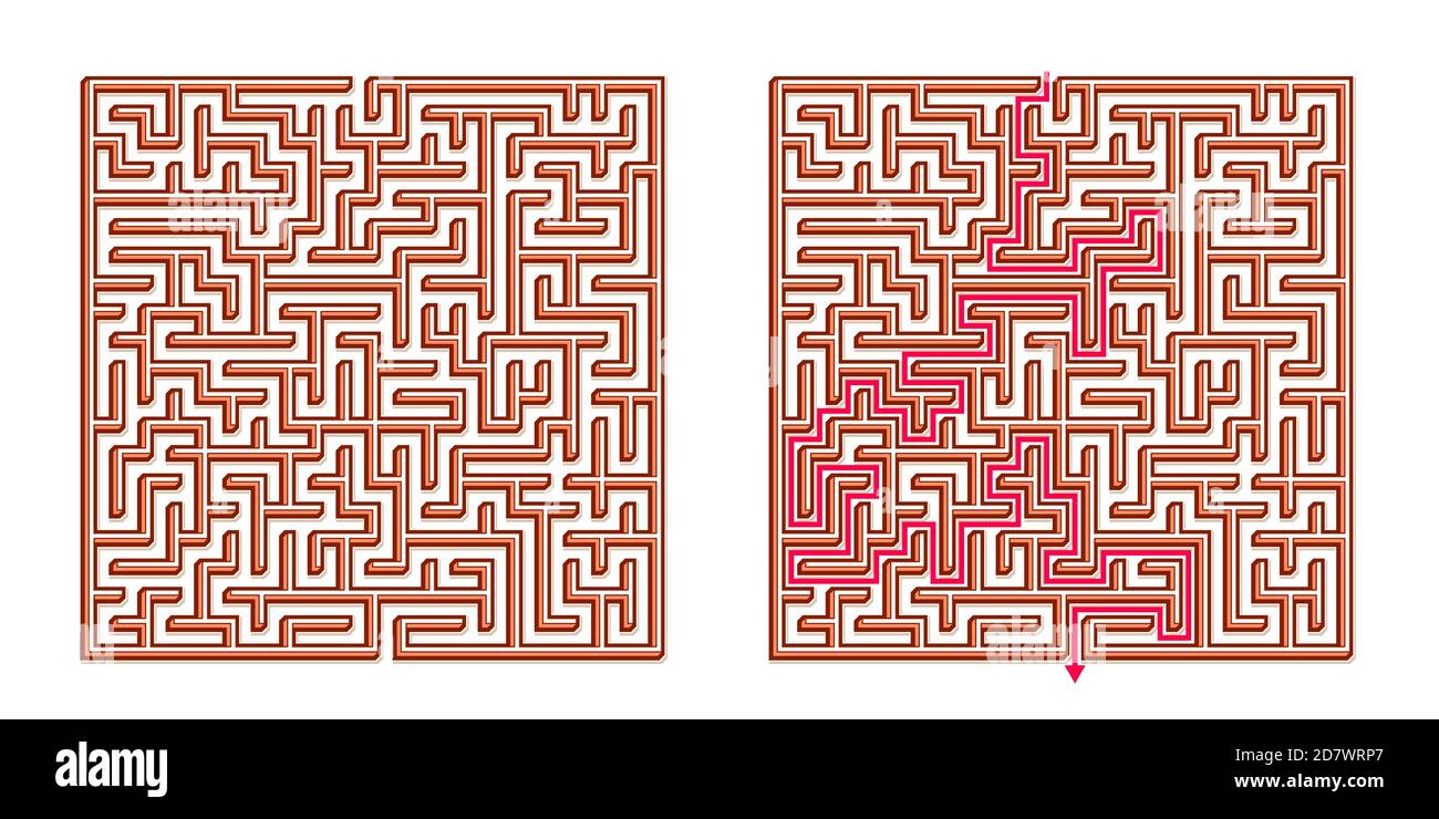 Vector 3D / Isometric Easy Square Maze - Labyrinth with Included Solution. Funny & Educational Mind Game for Coordination, Problems Solving, Decision Stock Vector