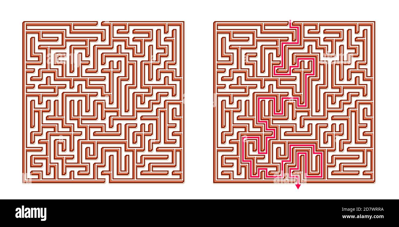 Vector 3D / Isometric Easy Square Maze - Labyrinth with Included Solution. Funny & Educational Mind Game for Coordination, Problems Solving, Decision Stock Vector