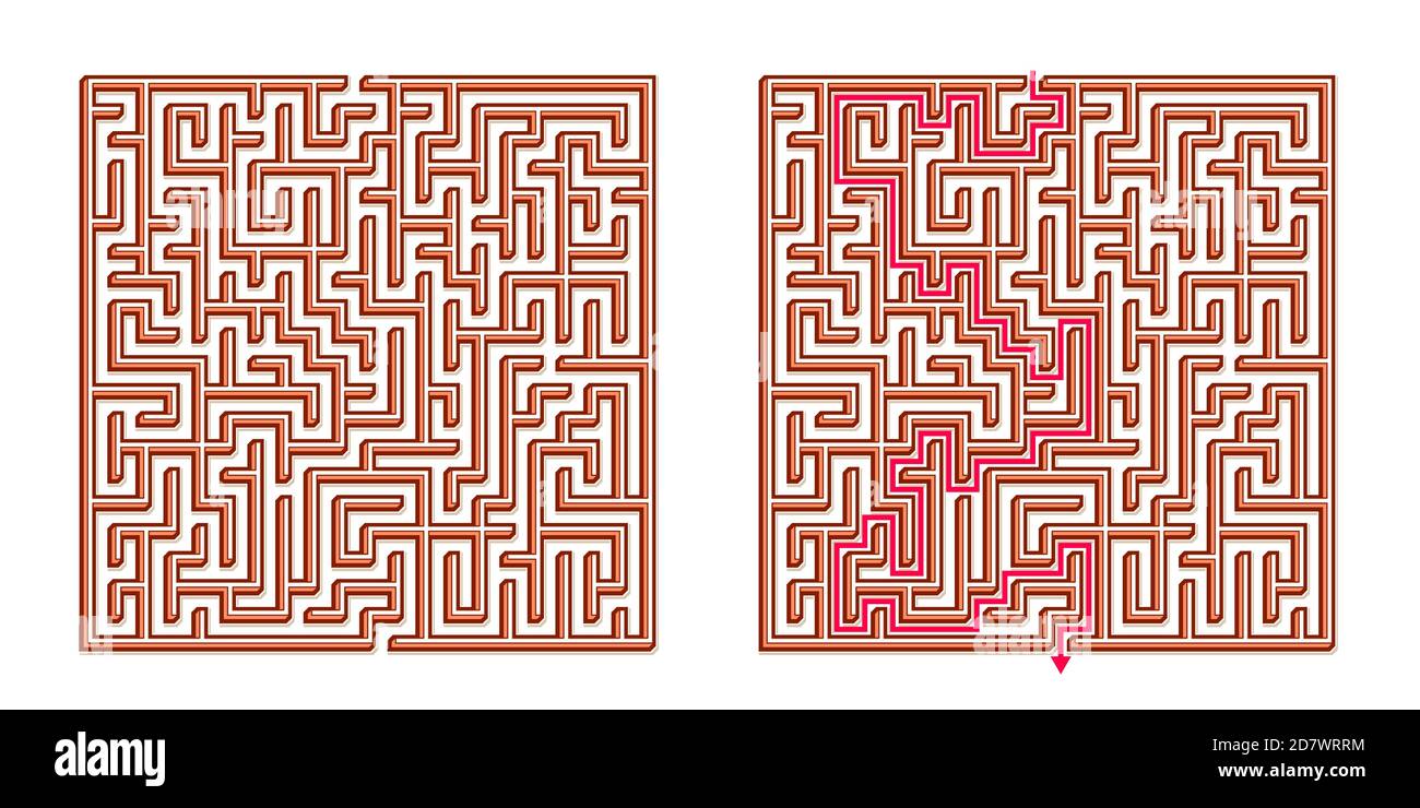 Vector 3D / Isometric Easy Square Maze - Labyrinth with Included Solution. Funny & Educational Mind Game for Coordination, Problems Solving, Decision Stock Vector