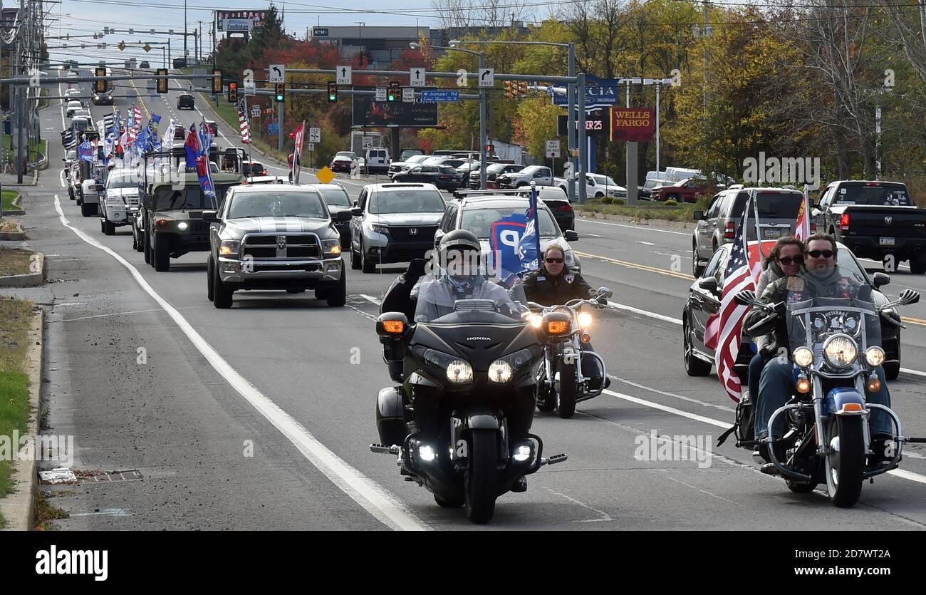 Vehicles of  Donald Trump supporters and bikers during the campaign rally.A few supporters of President Donald Trump held a 20 mile Road Rally through Luzerne County which was always a democrat strong hold until the 2016 election when it surprisingly switched to Republican. Stock Photo