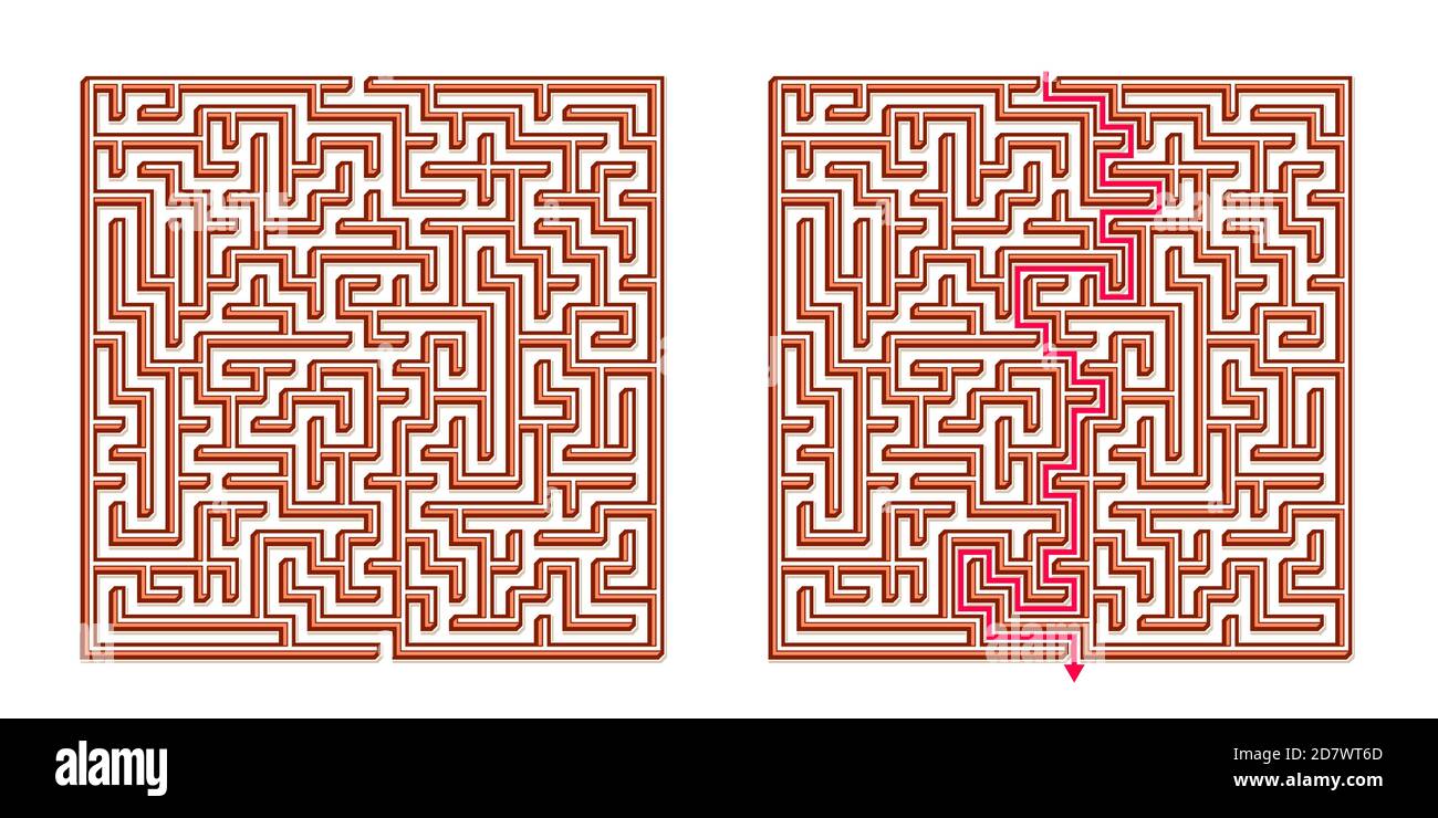 Vector 3D / Isometric Easy Square Maze - Labyrinth with Included Solution. Funny & Educational Mind Game for Coordination, Problems Solving, Decision Stock Vector