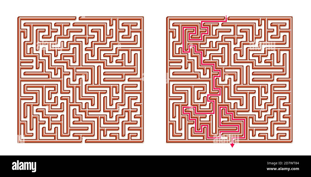 Vector 3D / Isometric Easy Square Maze - Labyrinth with Included Solution. Funny & Educational Mind Game for Coordination, Problems Solving, Decision Stock Vector