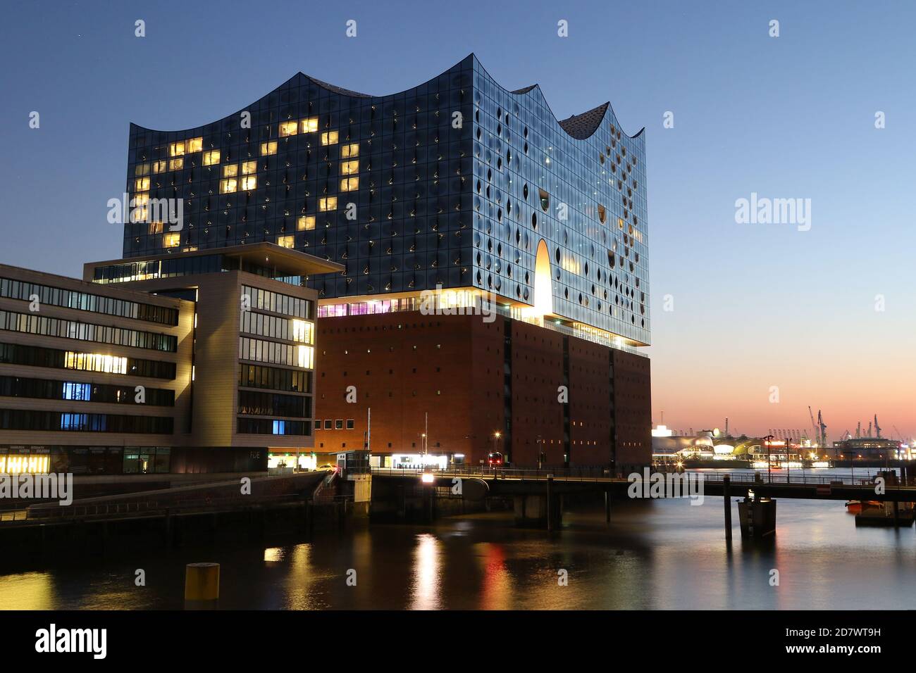 Heart-shaped illuminated windows of The Westin Hotel, Elbphilharmonie, Hafencity, Hamburg, Germany, 26.03.2020. Stock Photo
