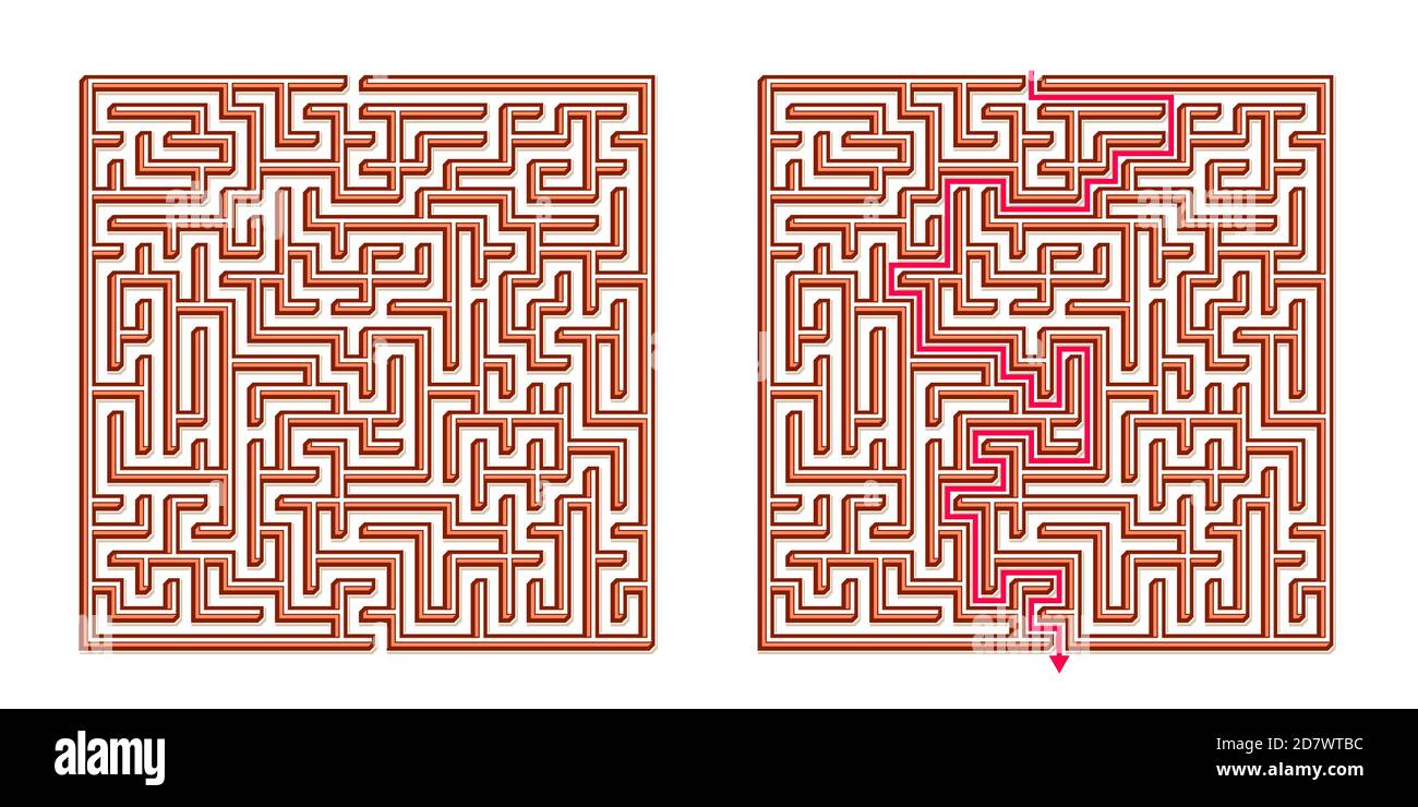 Vector 3D / Isometric Easy Square Maze Labyrinth with Included Solution. Funny & Educational