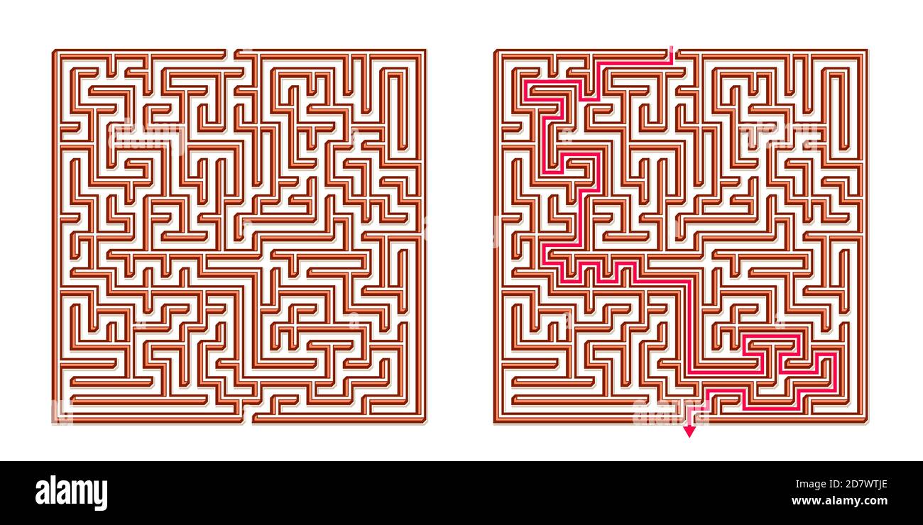 Vector 3D / Isometric Easy Square Maze - Labyrinth with Included Solution. Funny & Educational Mind Game for Coordination, Problems Solving, Decision Stock Vector