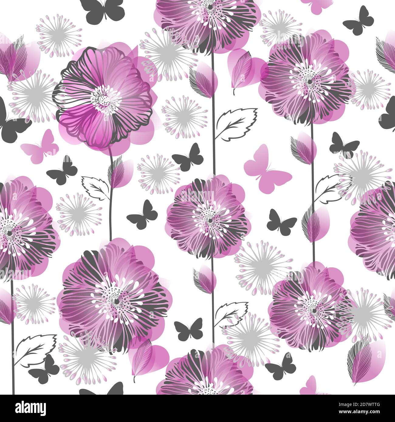 A seamless background with blue flowers and butterflies. Vector ...