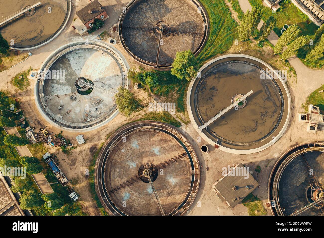 Aerial top view of wastewater treatment plant, filtration of dirty or sewage water. Stock Photo