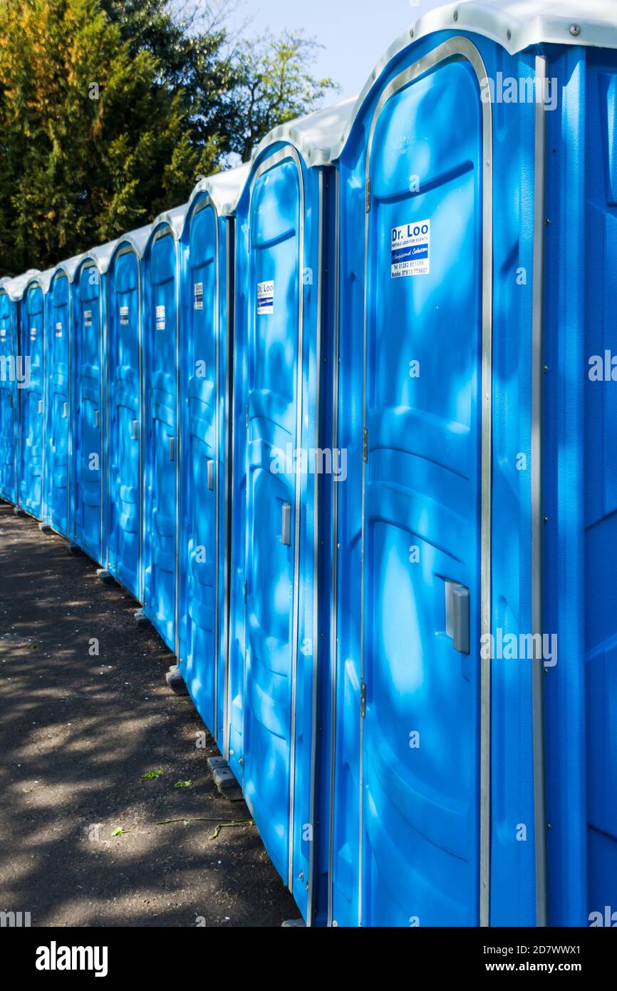 Portable toilet units in Farnworth park, Greater Manchester, for a family day event, supplied by 'Dr. Loo' of Barnoldswick, Lancashire. Stock Photo