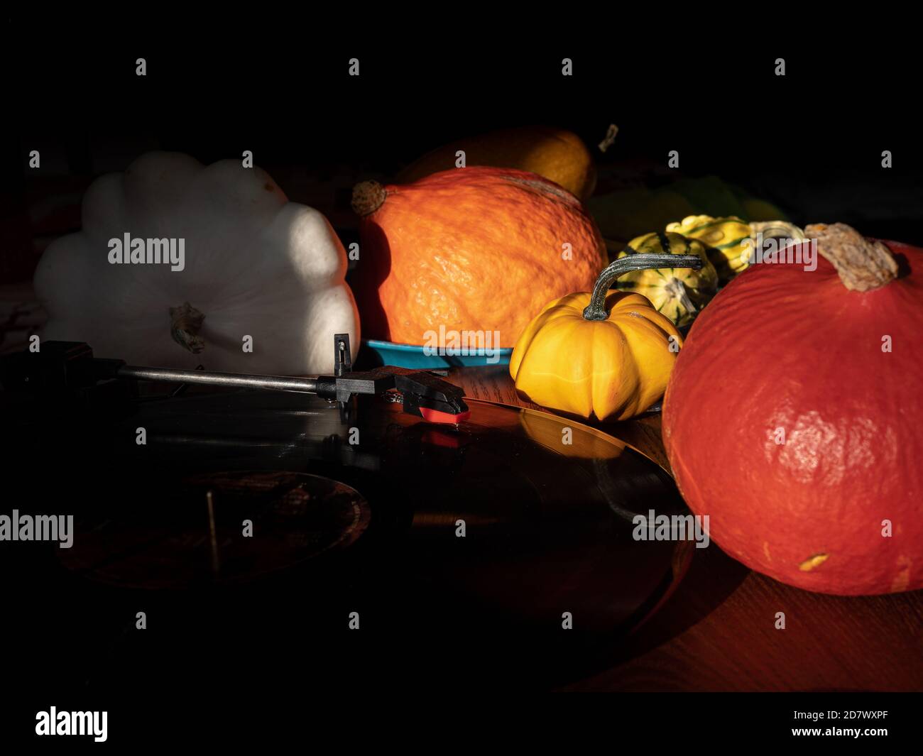 Halloween time with old gramophone on plates and colorful pumpkins in the background Stock Photo