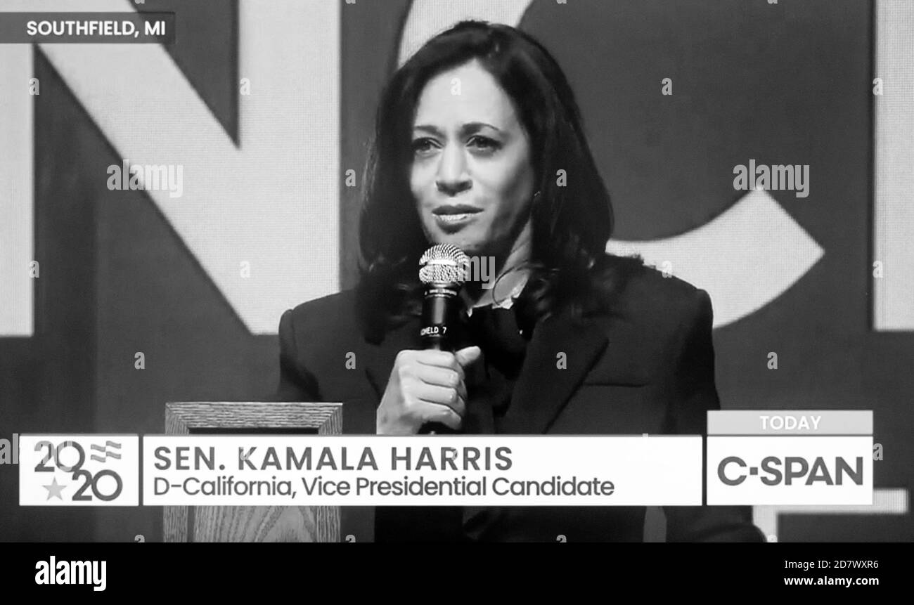 Southfield, Miichigan. USA. 25th Oct, 2020. Screen grab of the Democratic candidate for vice president, Senator KAMALA HARRIS (D-CA), filmed while speaking inside Triumph Church for parishioners to view in the church parking lot in a drive-in setting. Credit: C-Span/ZUMA Wire/Alamy Live News Stock Photo