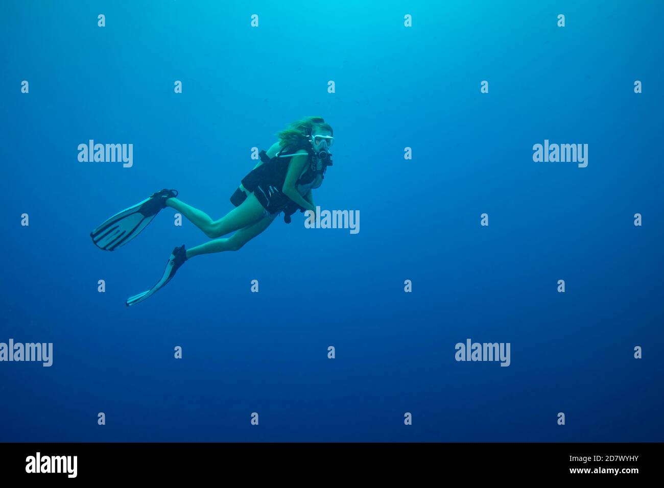 A female diver (MR) in mid water, open ocean, off the island of Yap
