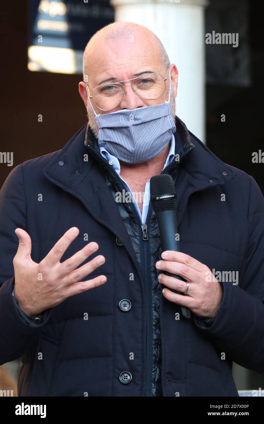 MODENA - ITALY, October 18, 2020 - Stefano Bonaccini, Emilia Romagna regional President, public speech in a premiation event in Piazza Grande square Stock Photo
