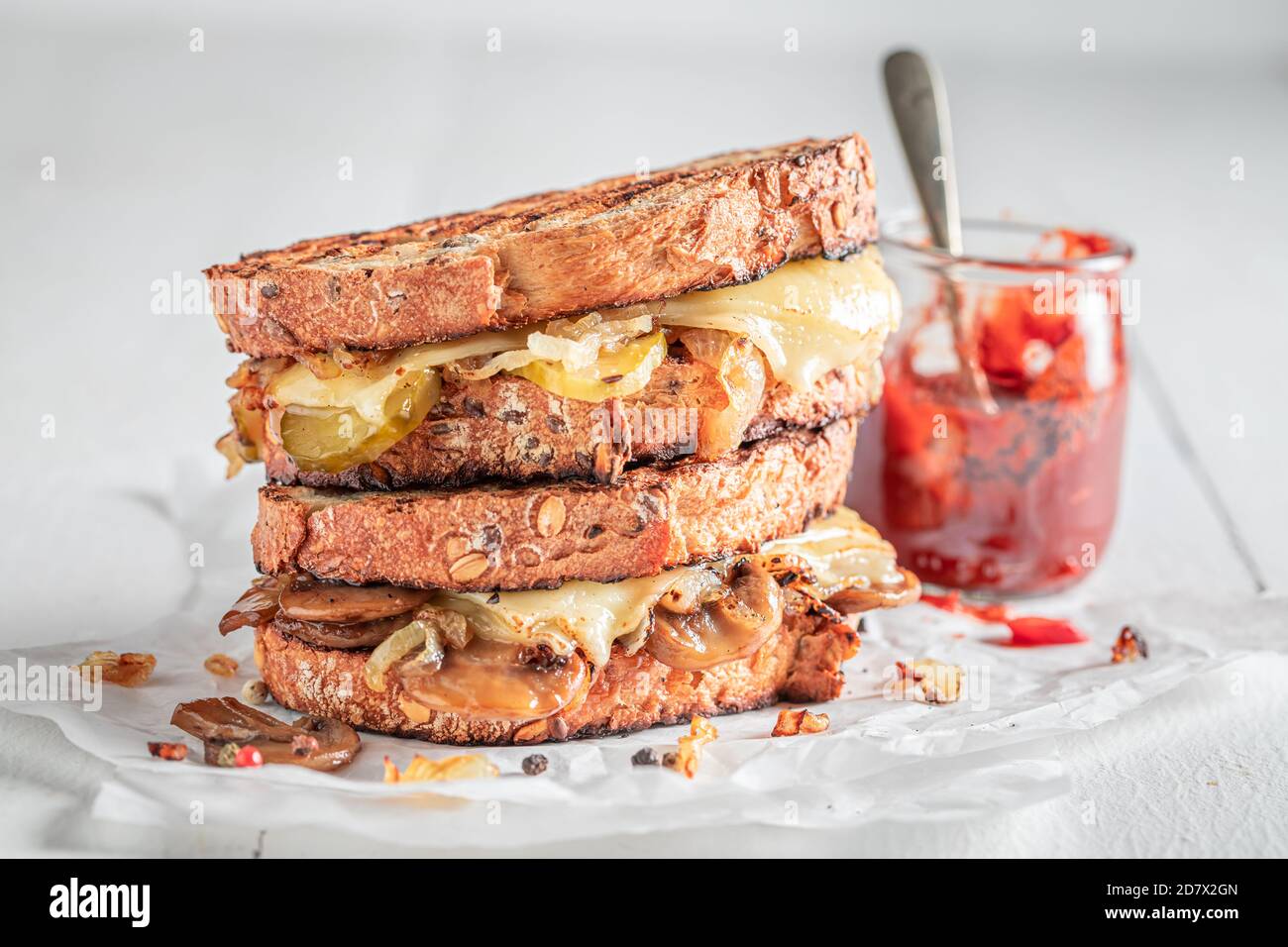 Rustic Toaste Rustic Toast with mushrooms, cheese and onion served with bbq sauce ...