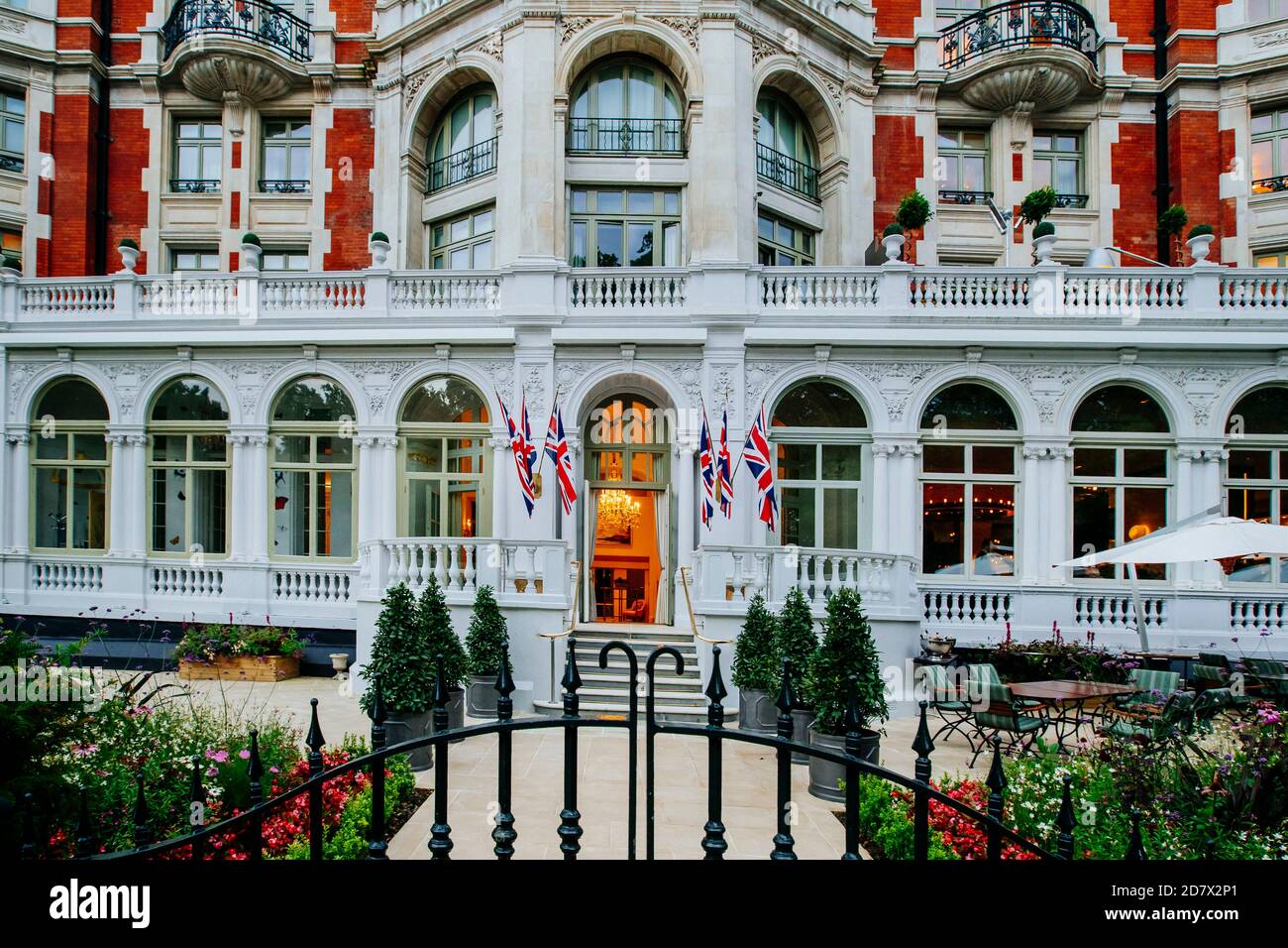 LONDON, UK- August 8, 2019. Luxury five star hotel entrance door, most expensive hotel in knightbridge london uk Stock Photo