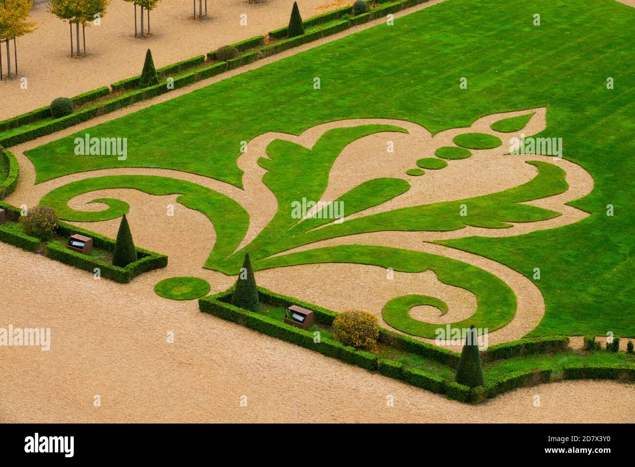 France,Loir-et-Cher (41), Chambord (UNESCO World Heritage), royal Renaissance chateau, formal gardens seen from the terrace, the lily flower is a symb Stock Photo