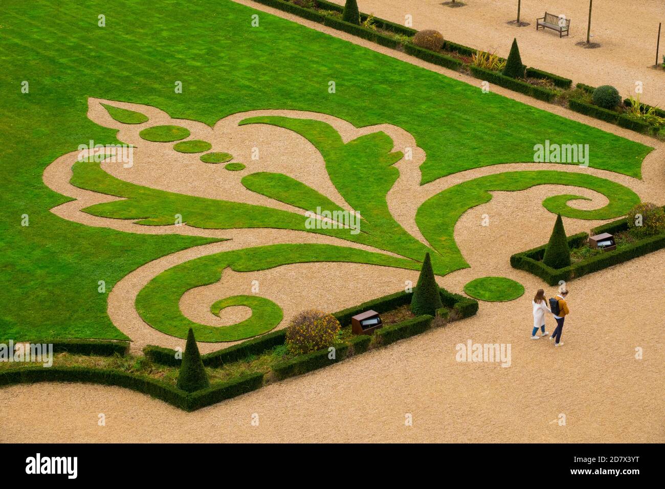 France,Loir-et-Cher (41), Chambord (UNESCO World Heritage), royal Renaissance chateau, formal gardens seen from the terrace, the lily flower is a symb Stock Photo