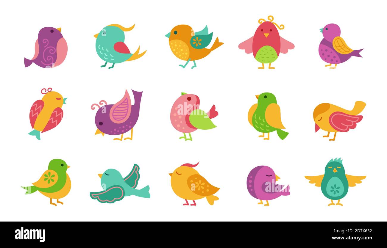 Bird with patterns, cartoon set. Colorful little cute birds ...